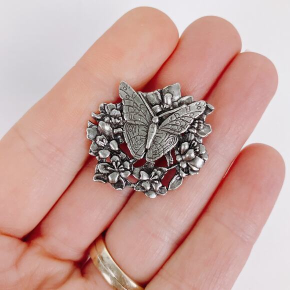 Vintage 1998 Birds & Blooms Pewter Butterfly Flower Brooch Limited Edition - Picture 3 of 9
